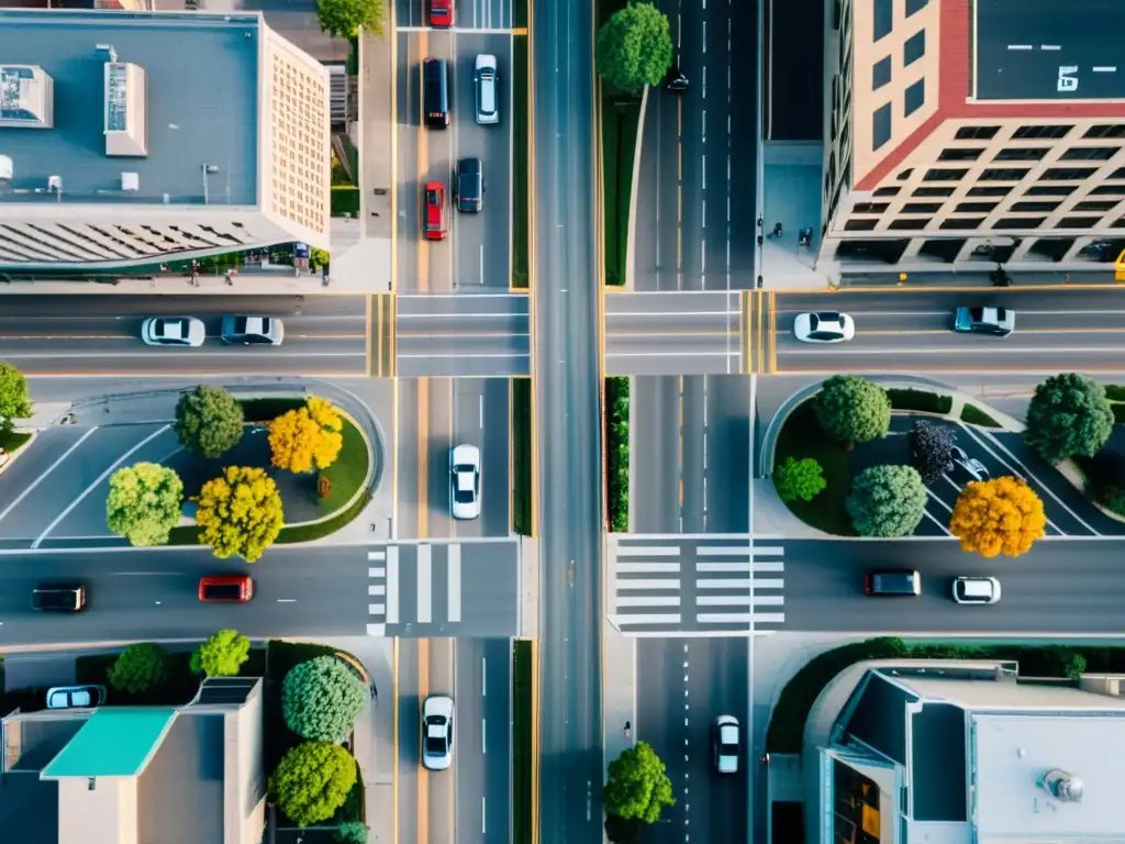 Vista aérea de intersección urbana con tráfico intenso y complejo, destacando la gestión del tráfico en áreas urbanas