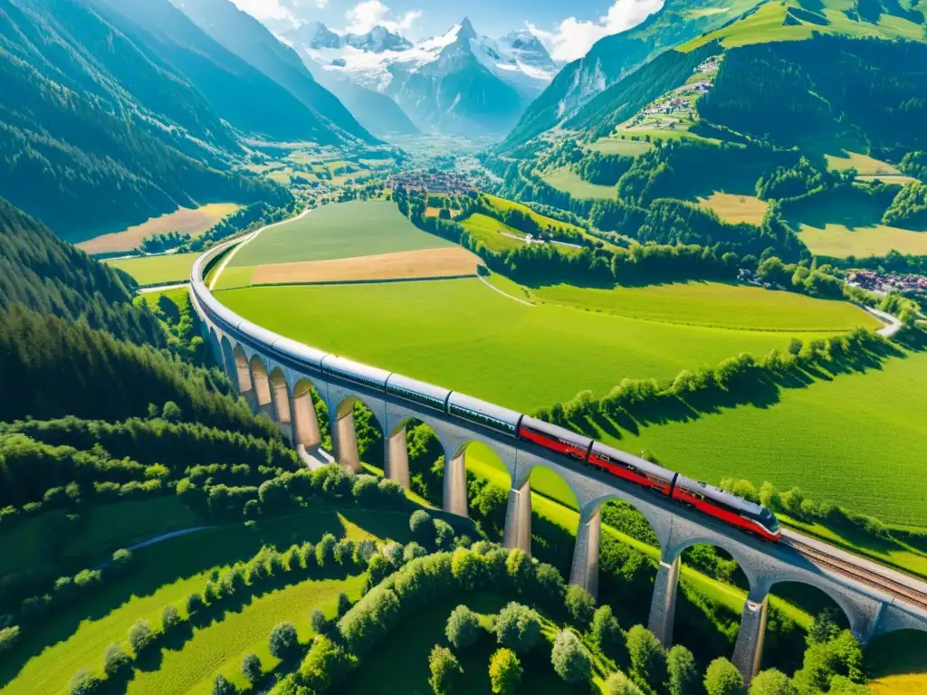 Vista aérea del Viaducto de Landwasser en Suiza, con los majestuosos Alpes Suizos de fondo y viñedos verdes