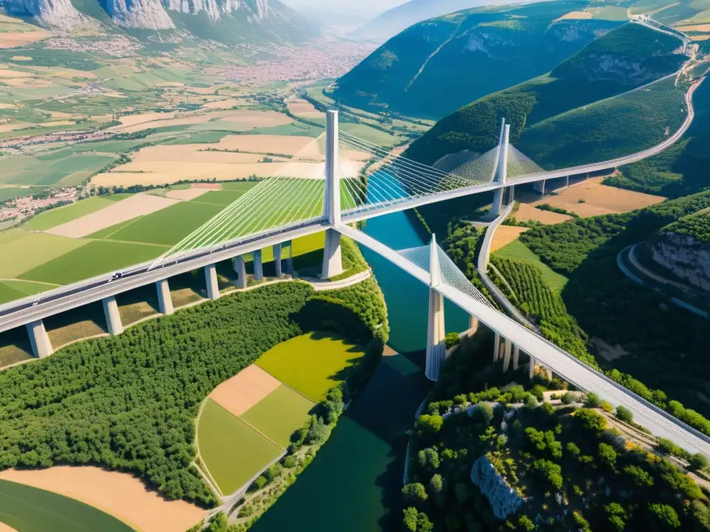Vista aérea del Viaducto de Millau en Francia, mostrando su diseño arquitectónico moderno e innovador