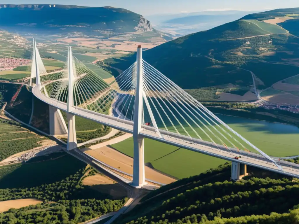 Vista aérea del Viaducto de Millau en construcción, con trabajadores y maquinaria, destacando la majestuosidad de esta maravilla arquitectónica