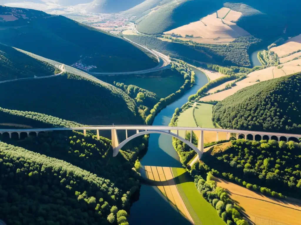 Vista aérea del Viaducto de Millau resaltando su elegante diseño curvo y la belleza natural circundante