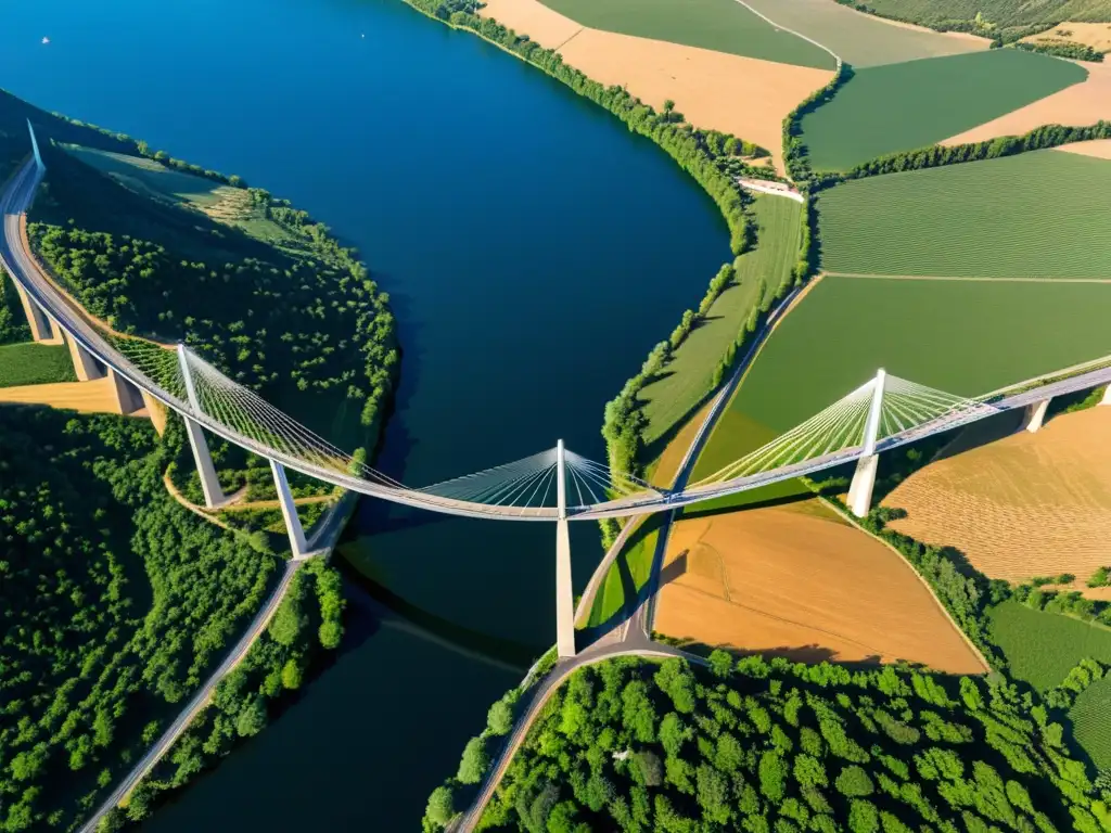 Vista aérea del Viaducto de Millau en el valle del Tarn, destacando su arquitectura impresionante y la fusión con la naturaleza