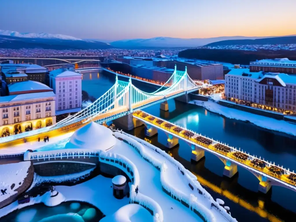 Vista aérea del vibrante Festival de Hielo y Nieve Puente de la Confusión, con esculturas de hielo y nieve