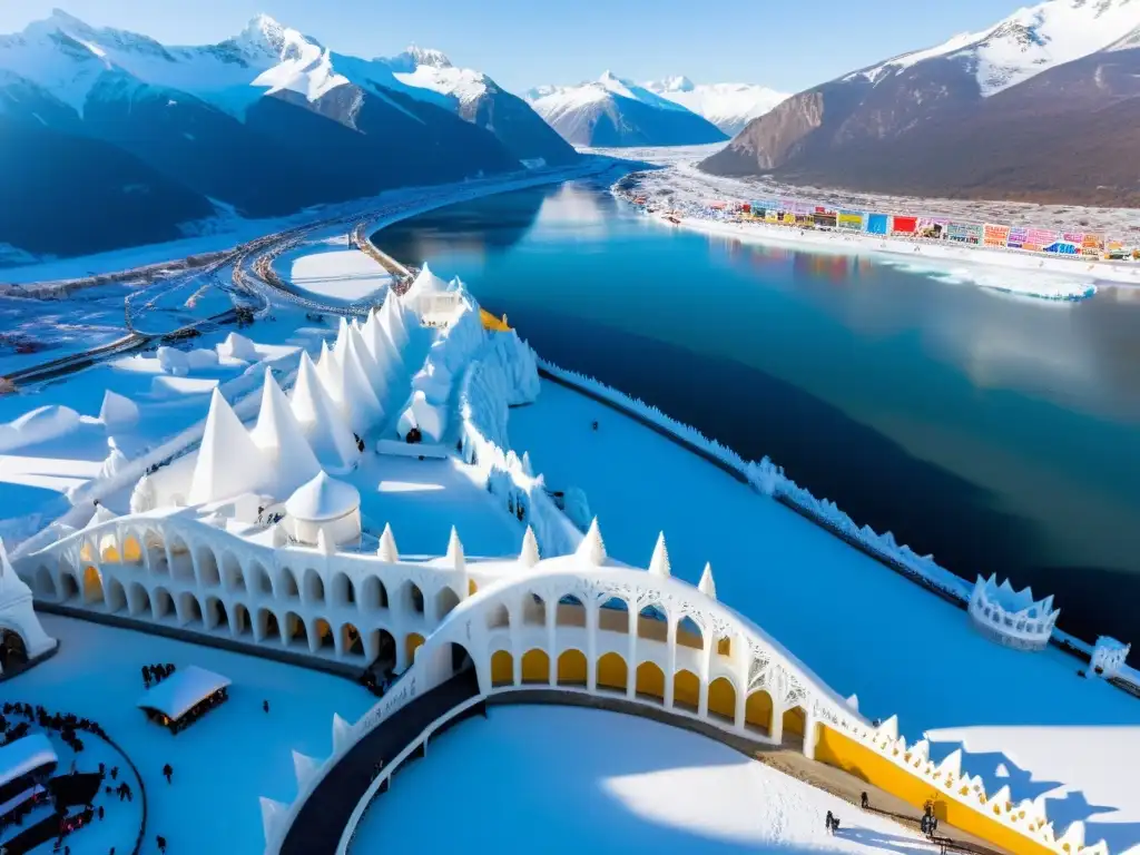 Vista aérea del vibrante Festival de Hielo y Nieve Puente Confusión, entre majestuosas montañas nevadas y actividades festivas