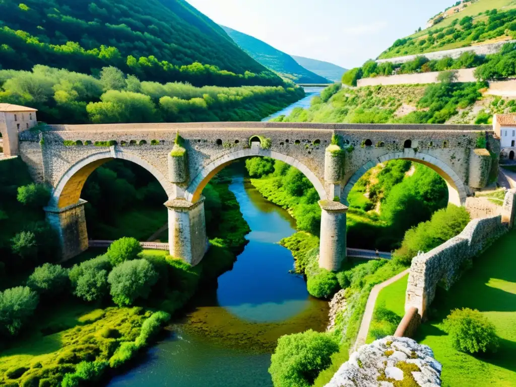 Vista cálida del antiguo Puente de Alcántara en un paisaje exuberante con el río Tajo y montañas al fondo