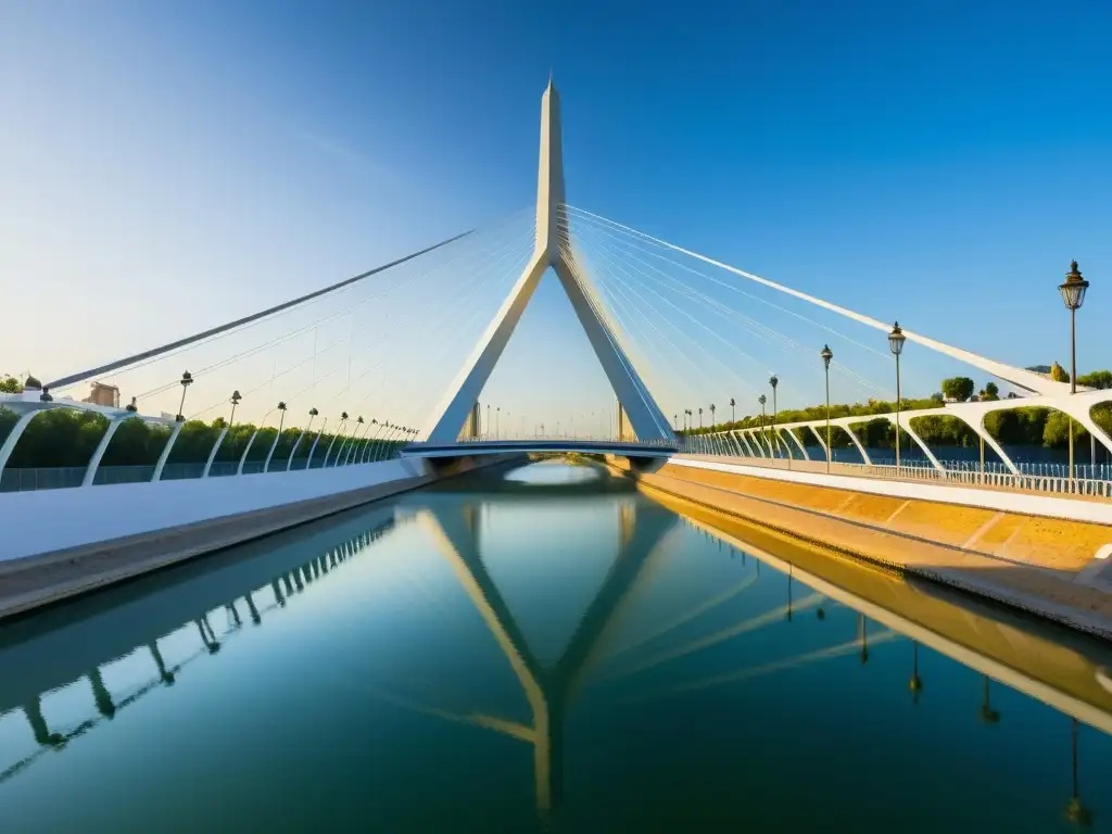 Vista de la arquitectura futurista del Puente de Alamillo sobre el río Guadalquivir en Sevilla, bañada en cálida luz dorada al atardecer