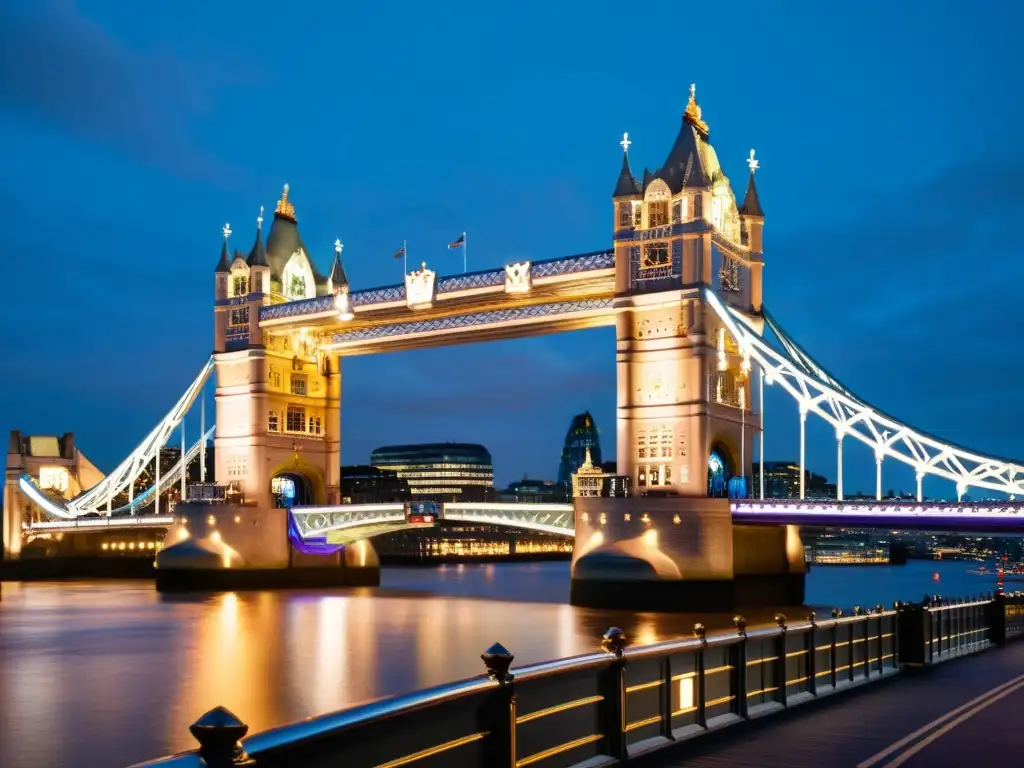 Vista de la icónica arquitectura de puentes de la Tower Bridge de Londres al atardecer, con una cálida iluminación dorada y la ciudad de fondo