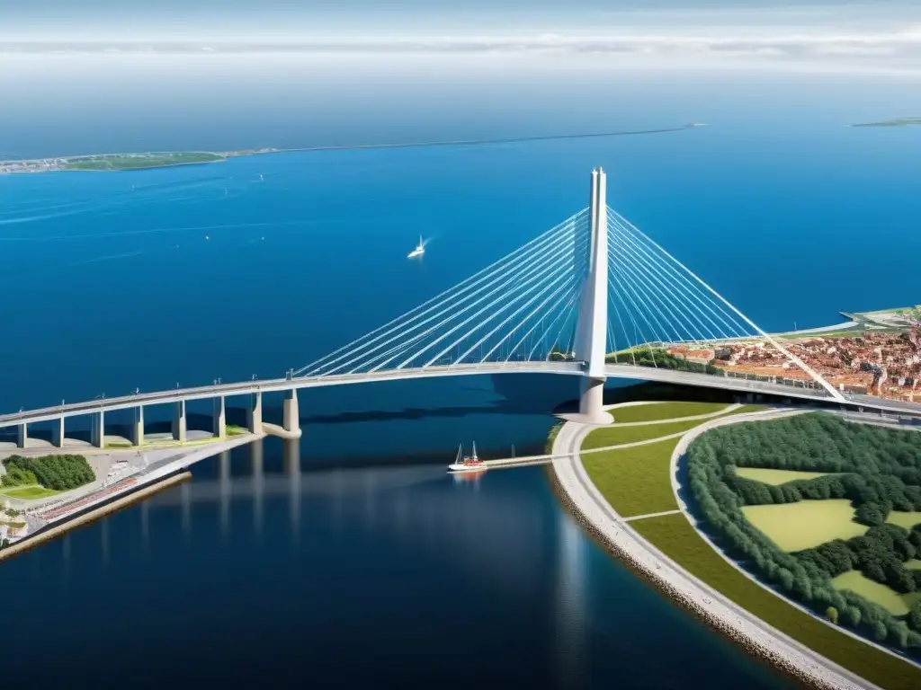 Vista 3D del Puente Oresund, uniendo tecnología y arte con aguas azules