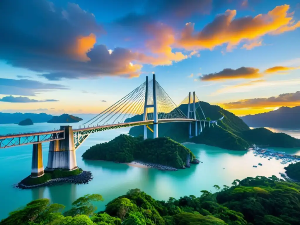 Vista 3D del Puente Langkawi Sky al atardecer, con su estructura de acero resaltando entre los tonos vibrantes del cielo