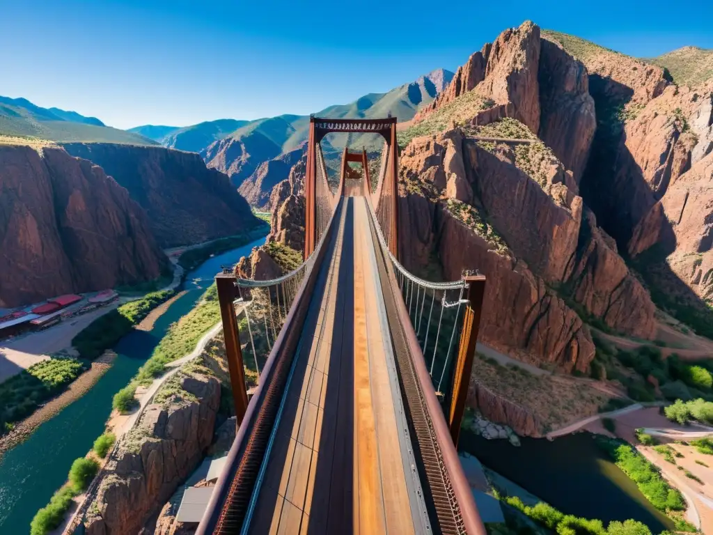 Vista en baja de puente Royal Gorge con cables de suspensión, río Arkansas y visitantes, en ambiente natural espectacular