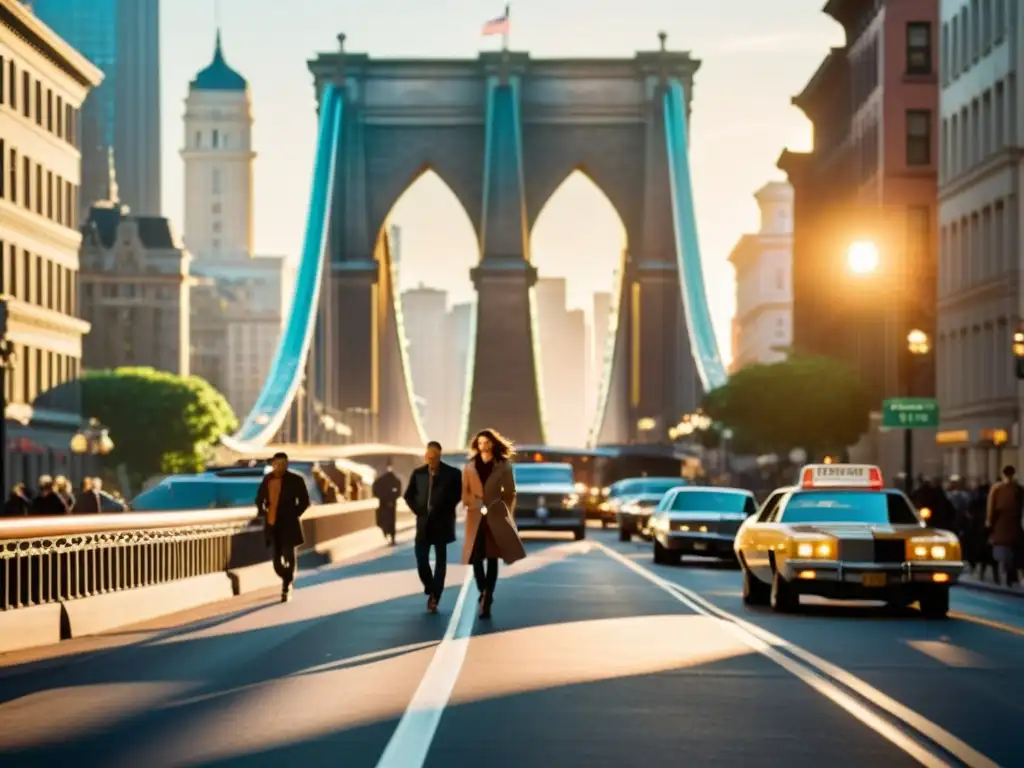 Vista de una bulliciosa calle de la ciudad con puentes icónicos al fondo, evocando la magia de las locaciones cinematográficas