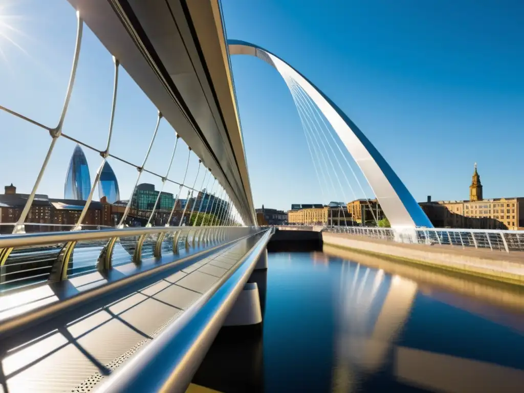 Vista cercana de la arquitectura innovadora del Puente Gateshead, con cables de acero y estructura metálica resaltando al sol