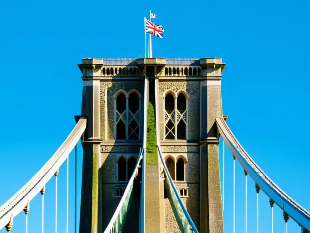 Vista cercana del icónico Puente Clifton, desafiando el cielo azul de Bristol con su majestuosidad gótica