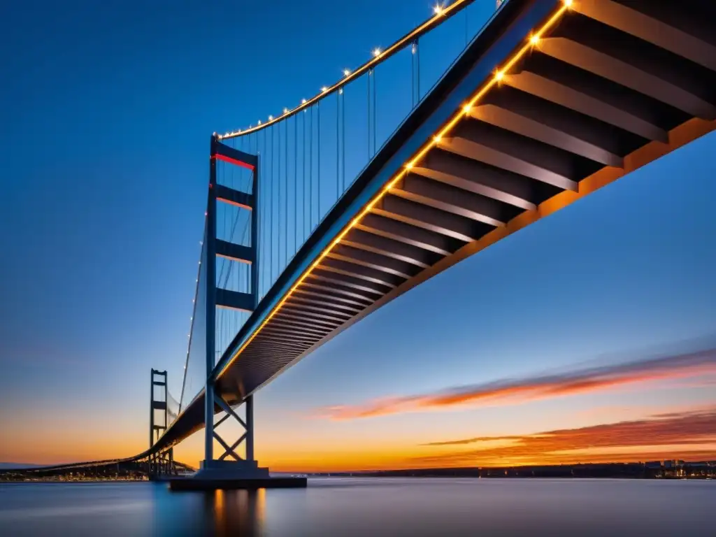 Vista cercana de un puente moderno, con su arquitectura elegante iluminada por la luz natural y artificial al atardecer