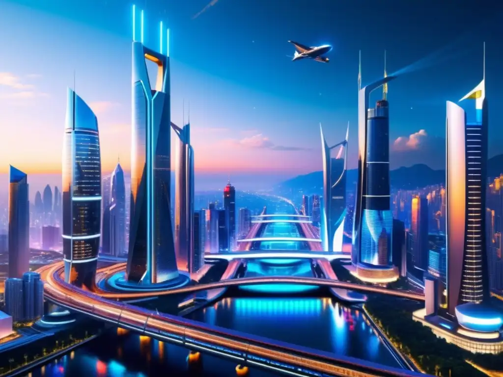 Vista de una ciudad futurista con puentes icónicos en ciencia ficción, imponentes rascacielos y tecnología avanzada