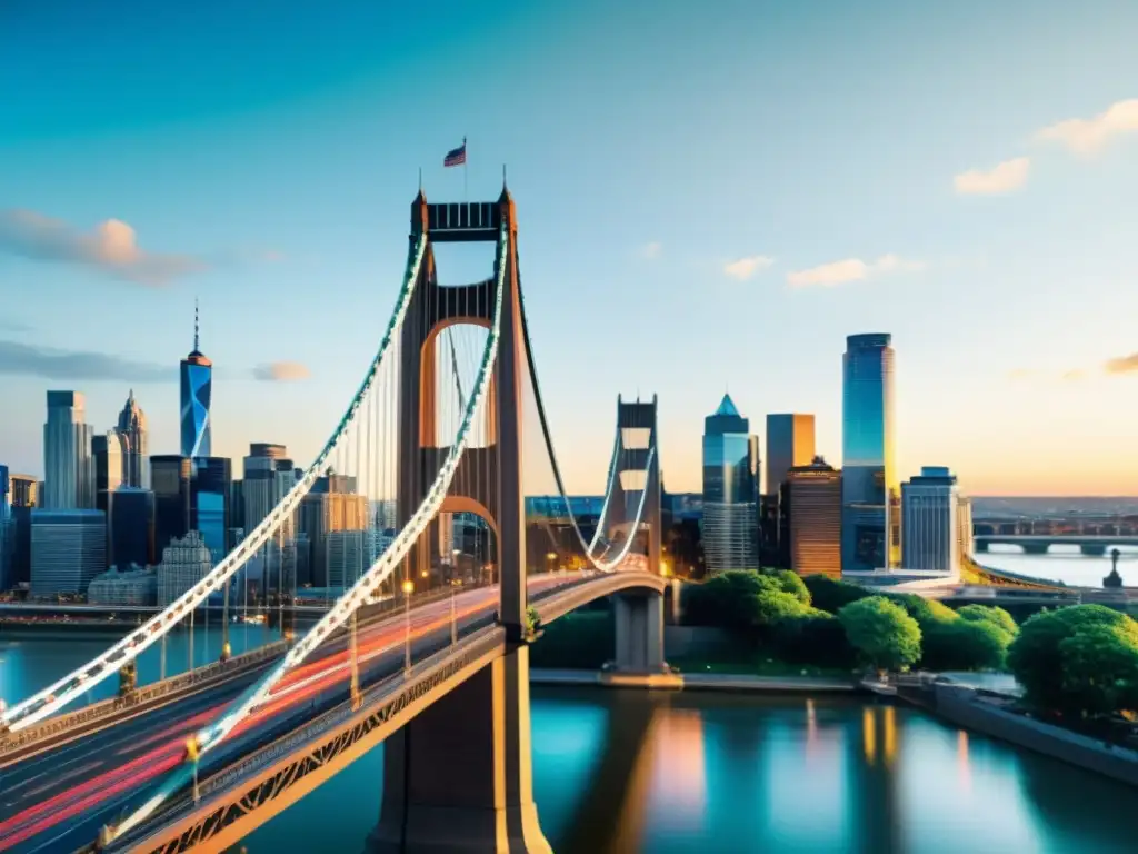 Vista de la ciudad con un puente icónico y realidad aumentada integrada, mostrando el dinamismo entre historia y tecnología