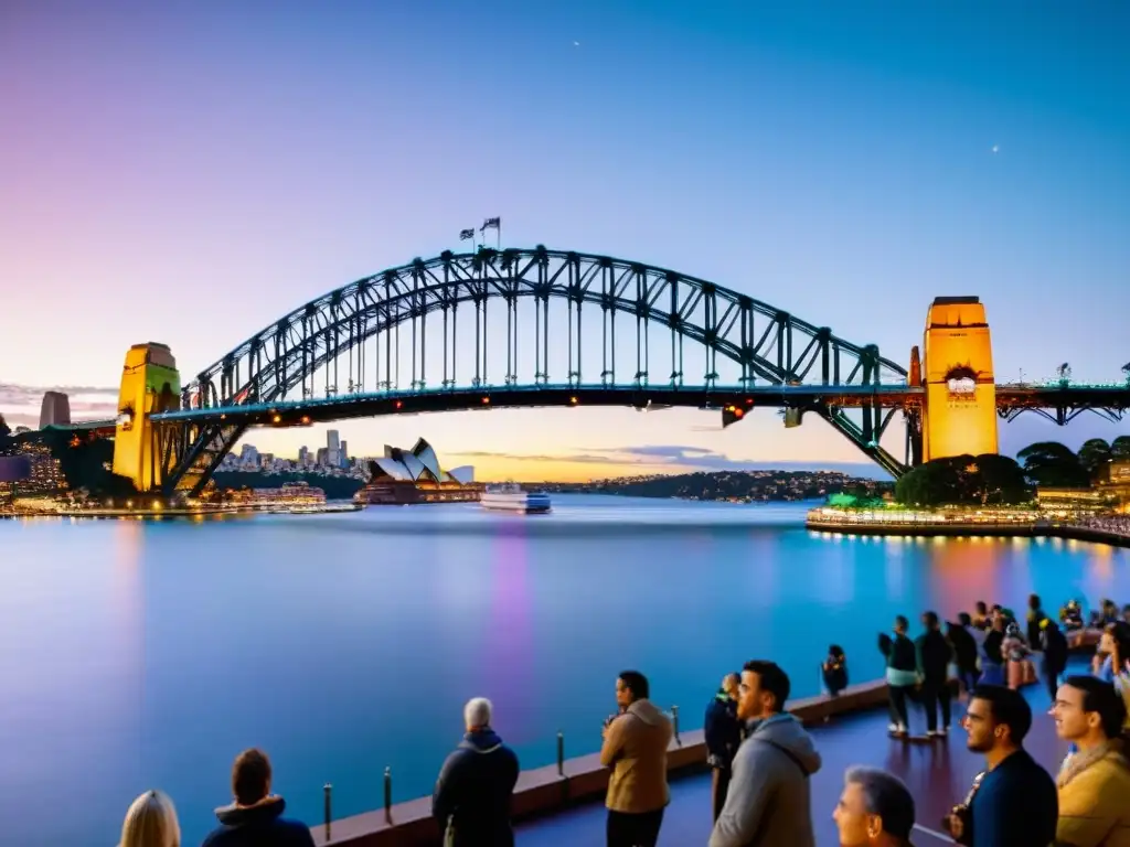 Vista deslumbrante del Puente Sydney en Año Nuevo, con luces de la ciudad reflejándose en el agua al atardecer