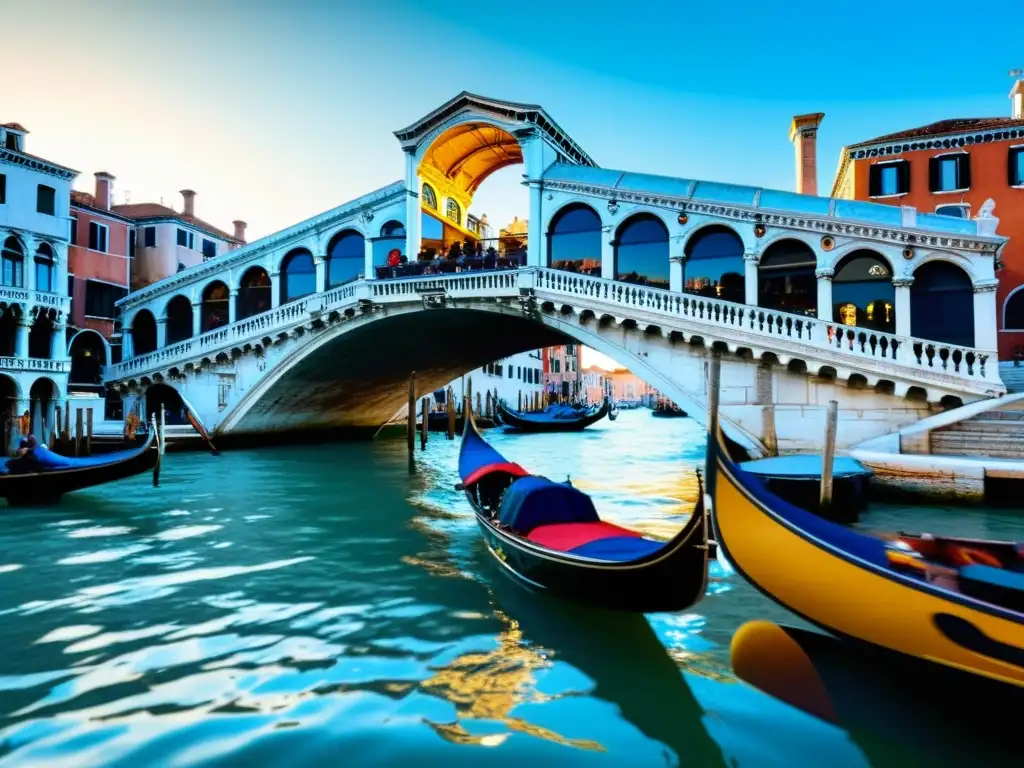 Una vista detallada en alta resolución del Puente de Rialto en Venecia, con la bulliciosa actividad de góndolas y barcos en el canal