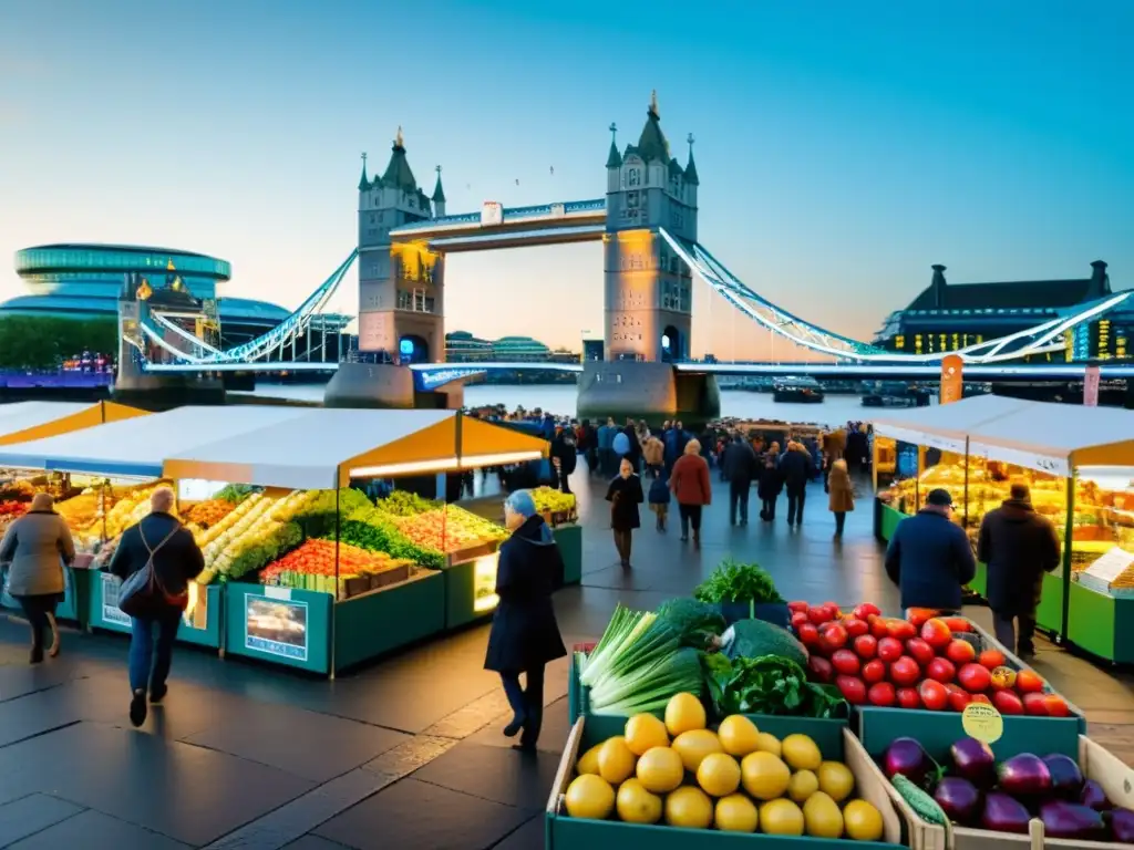 Vista detallada de un animado mercado de comida cerca del Puente de la Torre en Londres, con cocina local en puentes icónicos