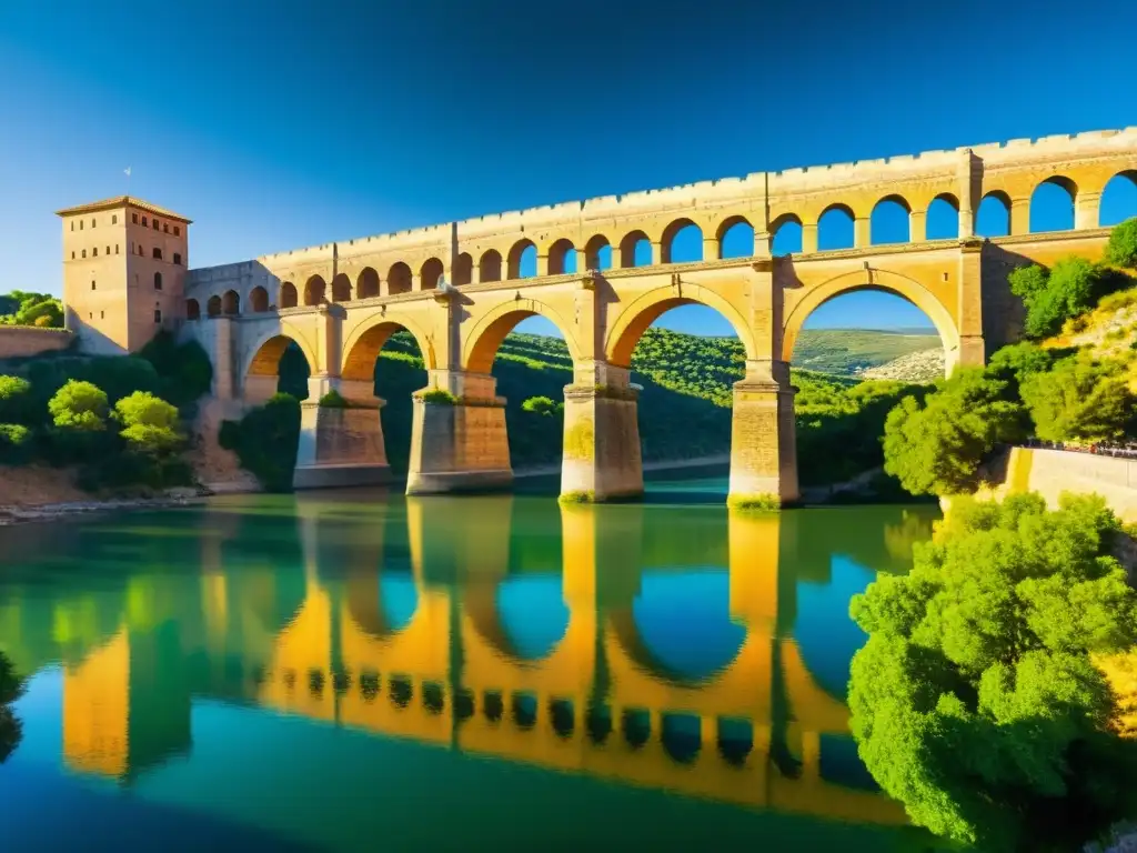 Vista detallada del antiguo Puente de Alcántara, legado romano, con dramáticas sombras y el río Tajo de fondo