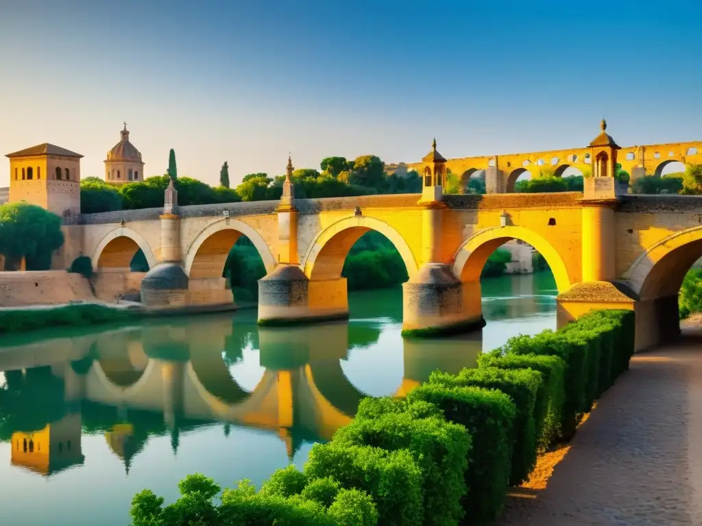 Vista detallada del antiguo puente romano de Córdoba sobre el río Guadalquivir, enmarcado por la historia y la belleza atemporal de la ciudad