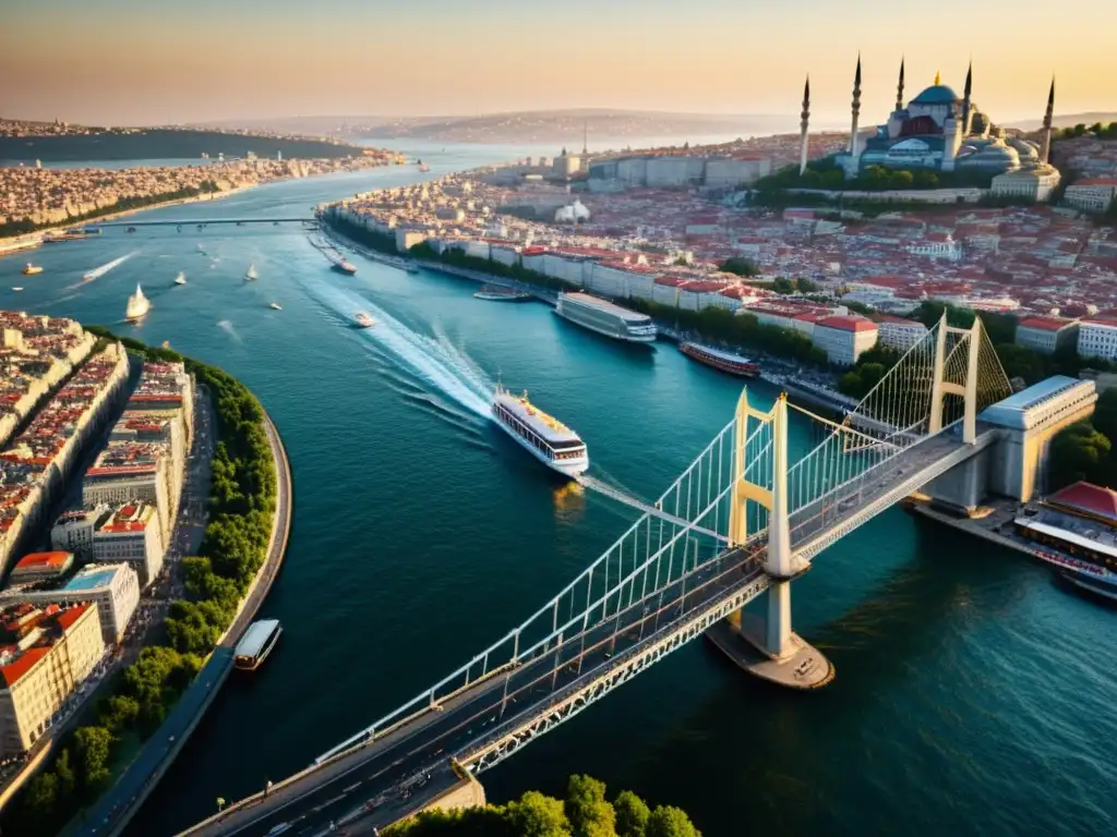 Vista detallada del Puente Golden Horn en Estambul, mostrando su arquitectura y la ciudad de fondo, evocando exploración y descubrimiento