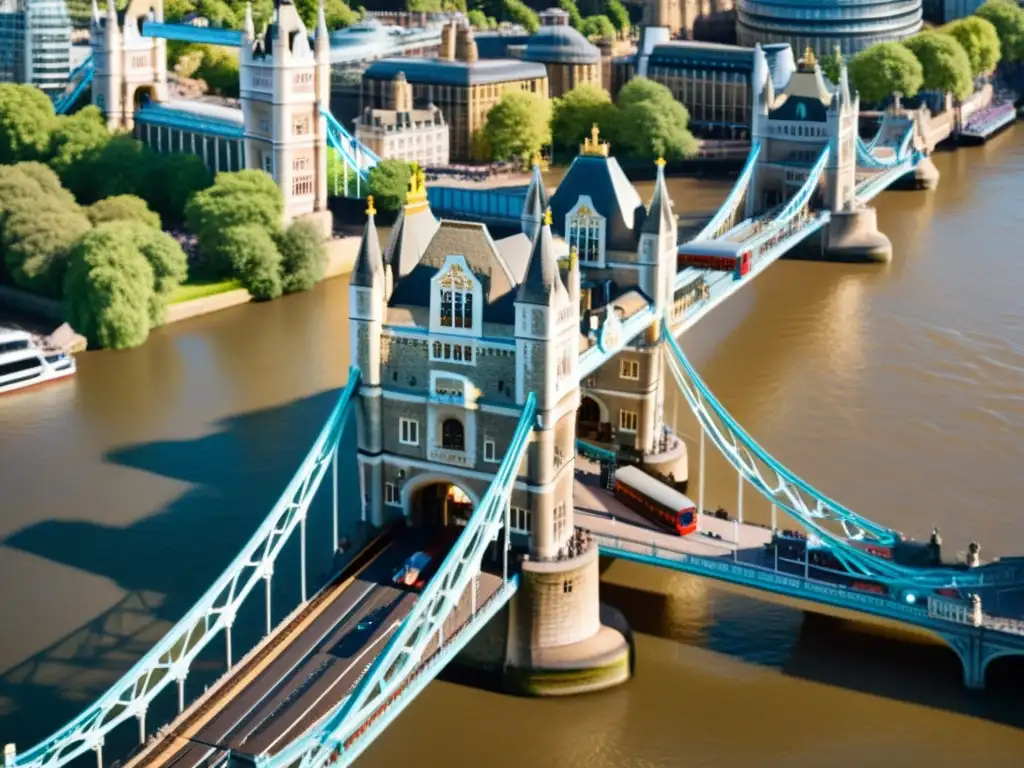 Vista detallada del icónico Tower Bridge en Londres, destacando su arquitectura gótica victoriana y sus cables de suspensión de acero