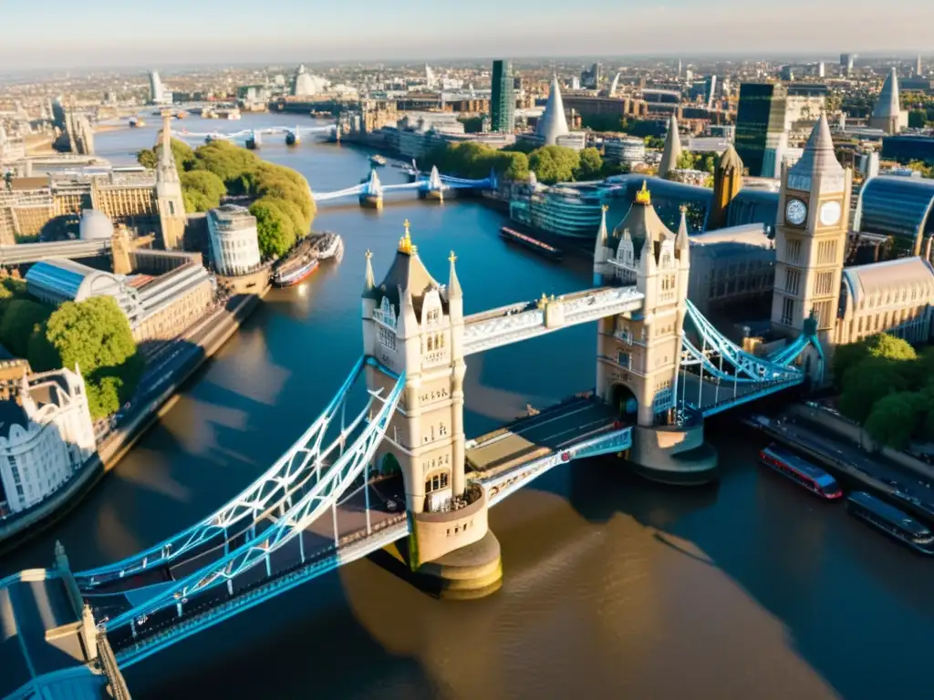 Vista detallada del icónico Tower Bridge de Londres, con su arquitectura gótica y el río Támesis