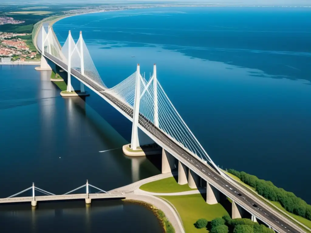 Vista detallada de la arquitectura moderna del Puente Oresund, destacando su integración con el paisaje natural