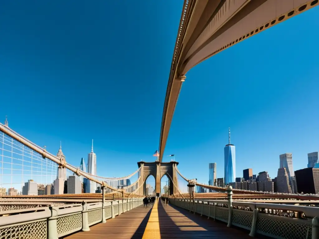 Vista detallada de la icónica arquitectura de puentes icónicos del Brooklyn Bridge en Nueva York, con juego de luz y sombra