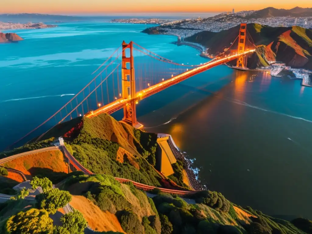 Vista detallada del Puente Golden Gate al atardecer en San Francisco, con la ciudad y el reflejo del sol en la bahía, resaltando su belleza e ingeniería icónica