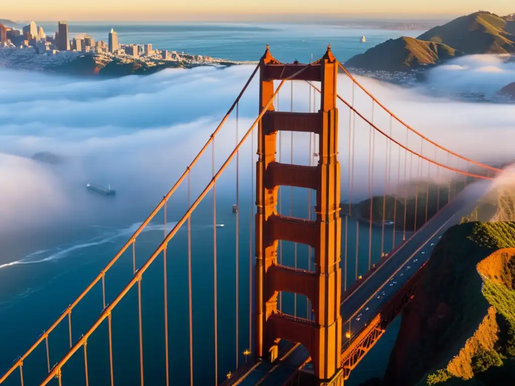 Una vista detallada del Puente Golden Gate al atardecer, evocando su majestuosidad