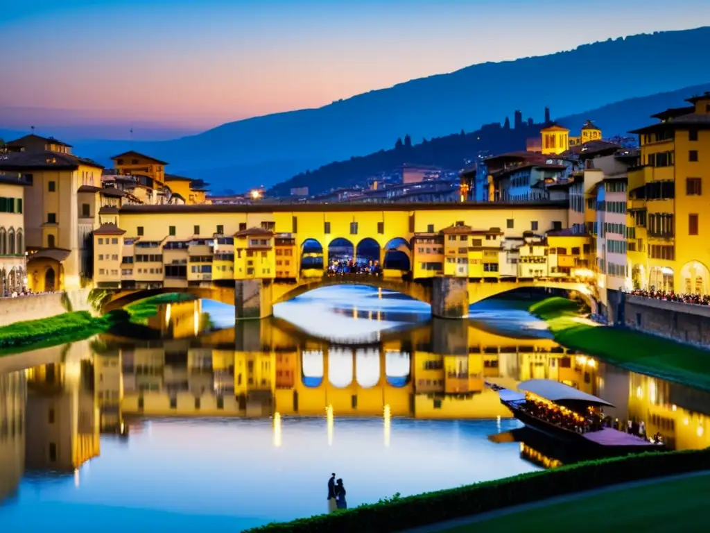 Vista detallada del atardecer en el Puente Vecchio en Florencia, Italia, reflejando la evolución de los puentes a través del tiempo