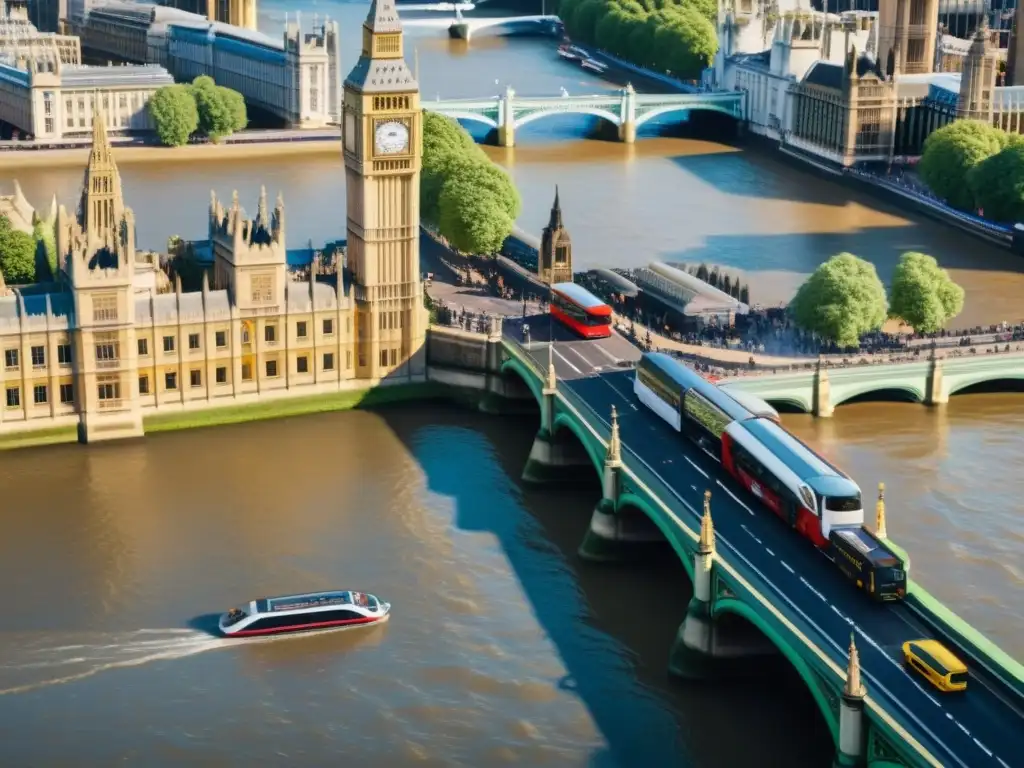 Vista detallada del bullicioso Puente de Westminster, fusionando arquitectura histórica y vida moderna