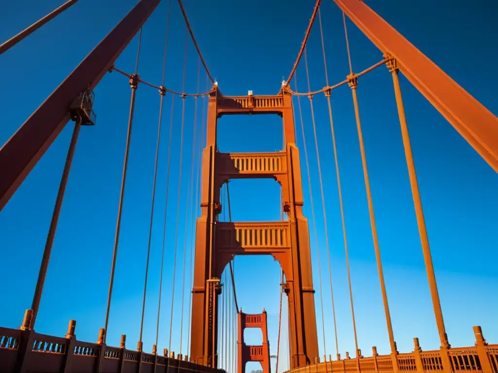 Vista detallada de los cables de acero del Puente Golden Gate bajo la cálida luz del atardecer, resaltando su belleza icónica