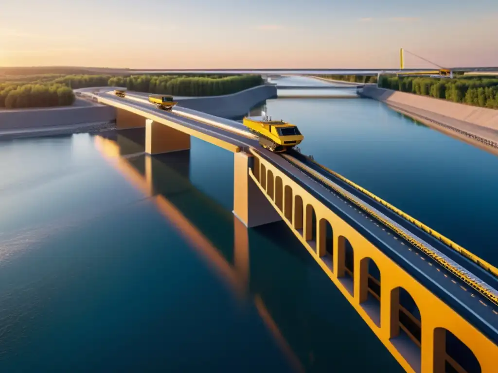 Vista detallada de construcción de puente automatizada con robótica, innovadores materiales y cálida luz dorada