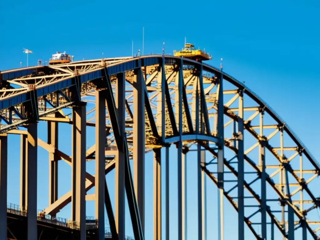 Vista detallada de la construcción del Puente de la Bahía de Sydney, mostrando la compleja red de acero y el esfuerzo humano