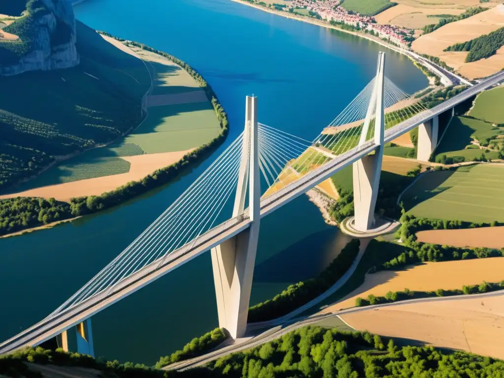 Vista detallada del diseño estructural en 3D del Puente Millau, cables entrelazados sobre el valle del Tarn, destacando su integración con el paisaje natural