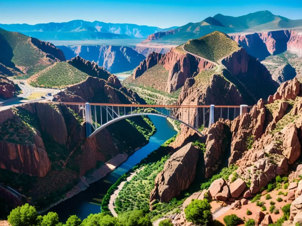 Vista detallada del Puente Royal Gorge y su entorno natural, resaltando la impresionante belleza de esta atracción turística