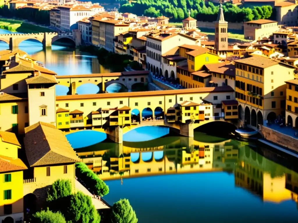 Vista 3D detallada de la estructura del Ponte Vecchio, con luz cálida sobre el río Arno y los edificios antiguos alrededor