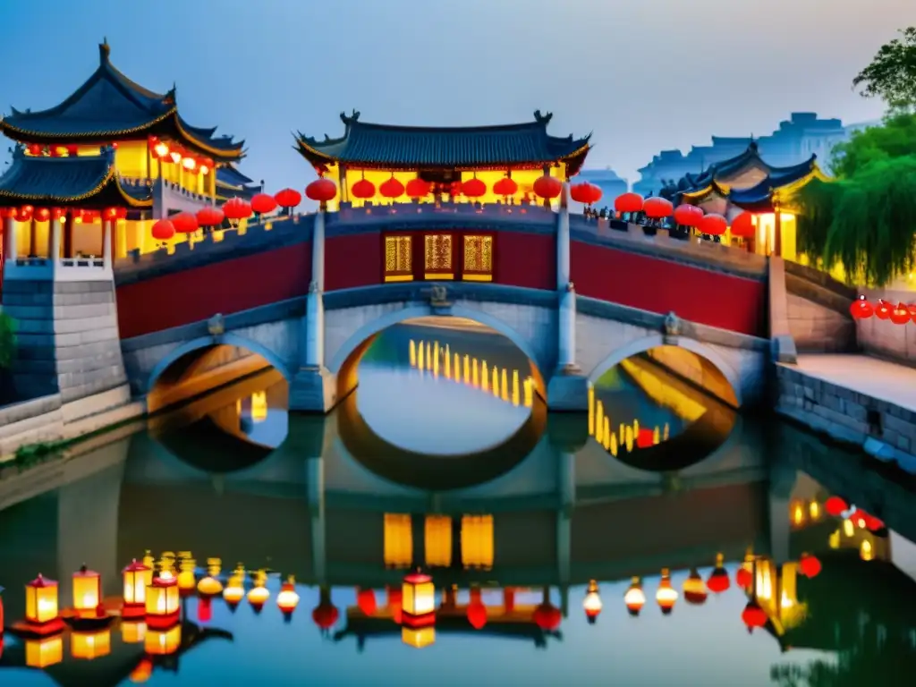 Una vista detallada del Festival Qingming en el Puente Zhaozhou, con linternas rojas vibrantes y el reflejo del puente en el río