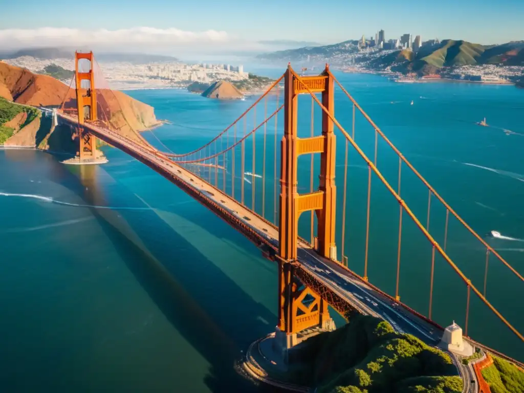 Vista detallada de la icónica construcción del Golden Gate Bridge en San Francisco, resaltando su grandiosidad y detalles ingenieriles