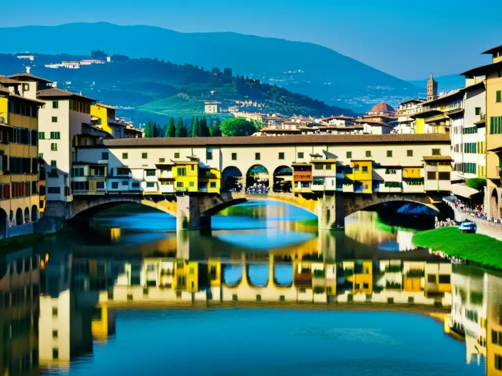 Vista detallada de la historia y arquitectura del Puente Vecchio en Florencia, con cálida luz dorada al atardecer