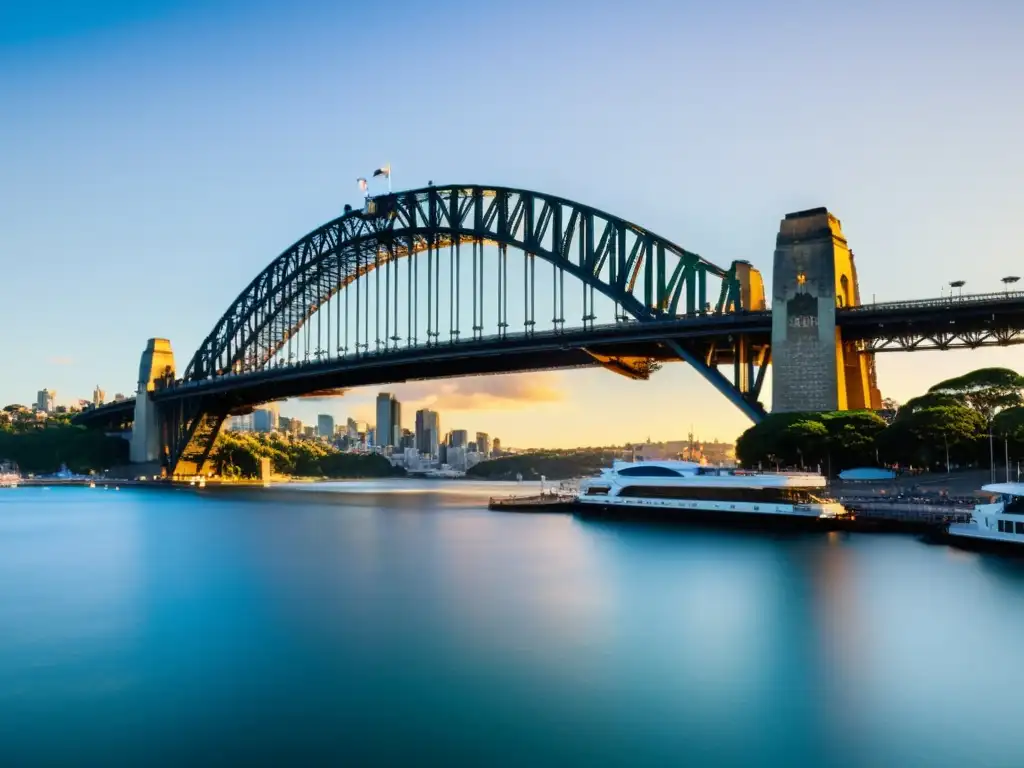 Vista detallada de la histórica y majestuosa arquitectura del Puente de la Bahía de Sydney durante la hora dorada