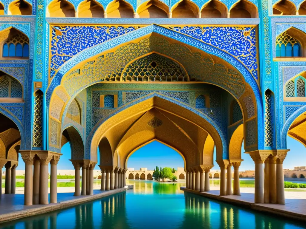 Vista detallada del histórico Puente de Khaju en Isfahán, con sus arcos, azulejos y colores vibrantes, reflejando la luz del sol sobre el río Zayandeh