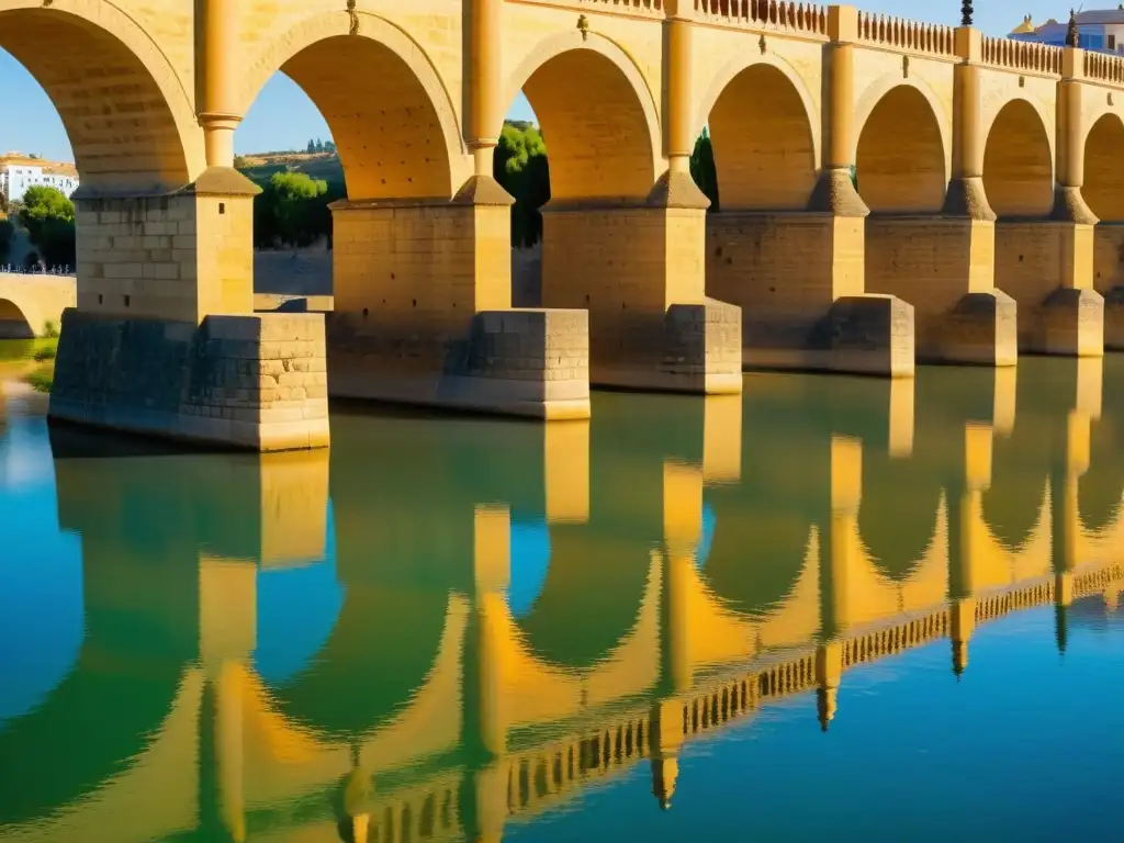 Vista detallada del histórico Puente Romano de Córdoba, bañado por cálida luz solar y testigo de siglos de historia y belleza arquitectónica