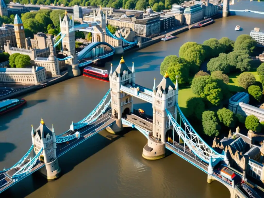 Vista detallada en 8k de Tower Bridge en Londres, con sus icónicas compuertas elevadas y un majestuoso barco pasando por el río Támesis