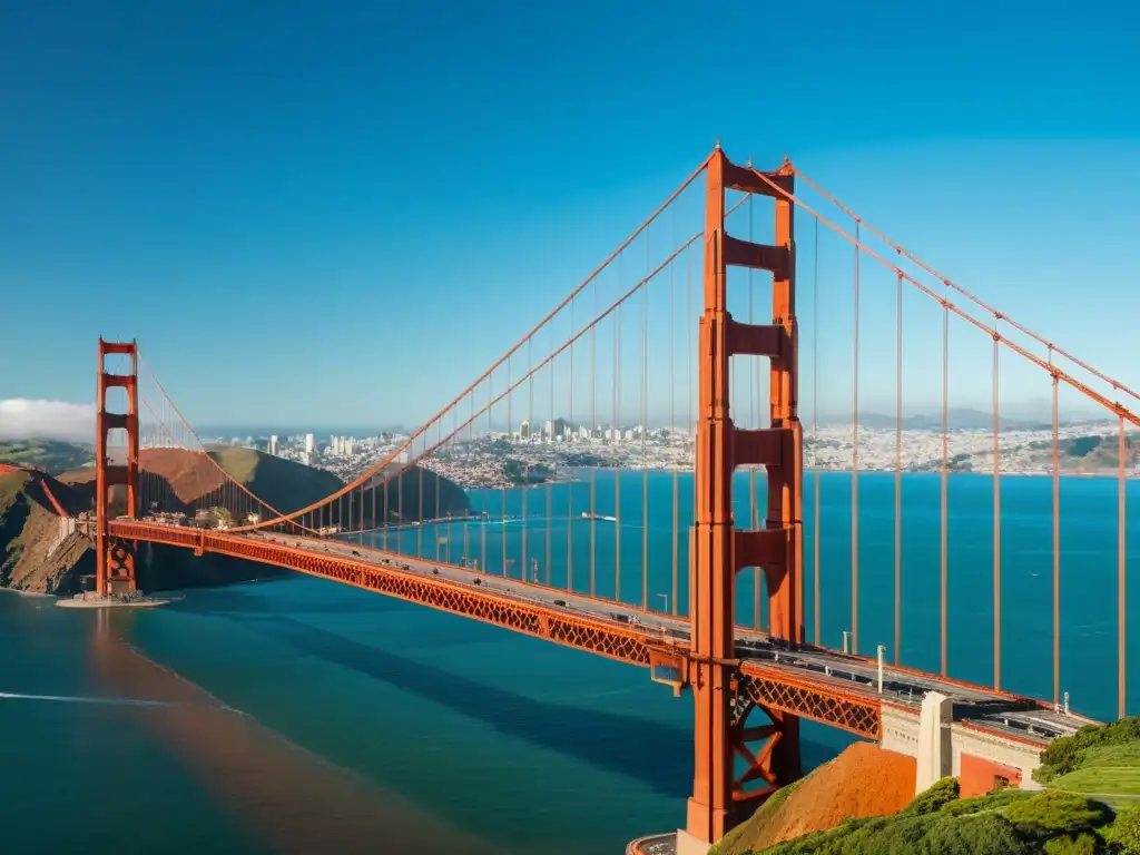 Vista detallada en 8k del icónico Puente Golden Gate en San Francisco, resaltando su arquitectura y la grandiosidad del paisaje urbano y marítimo