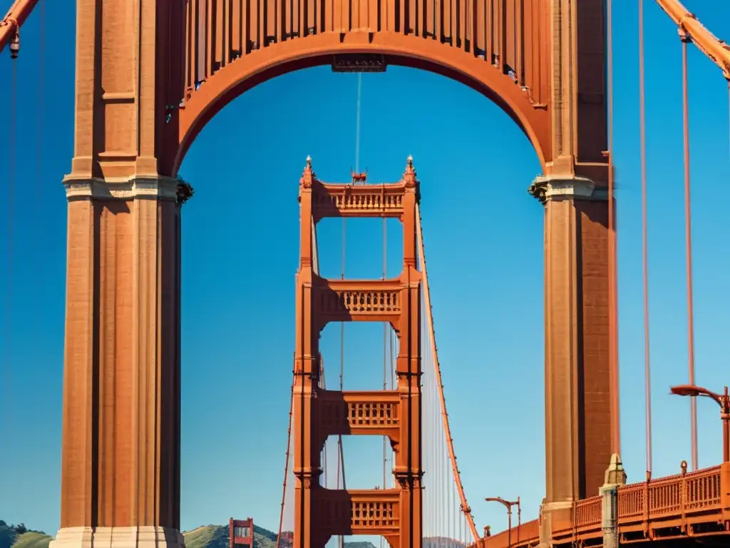 Vista detallada del icónico puente Golden Gate resaltando su arquitectura elegante y el color rojo anaranjado distintivo