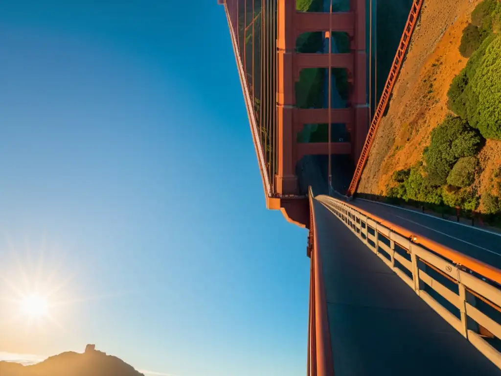 Vista detallada del icónico Puente Golden Gate al atardecer, evocando la majestuosidad de los puentes icónicos del mundo